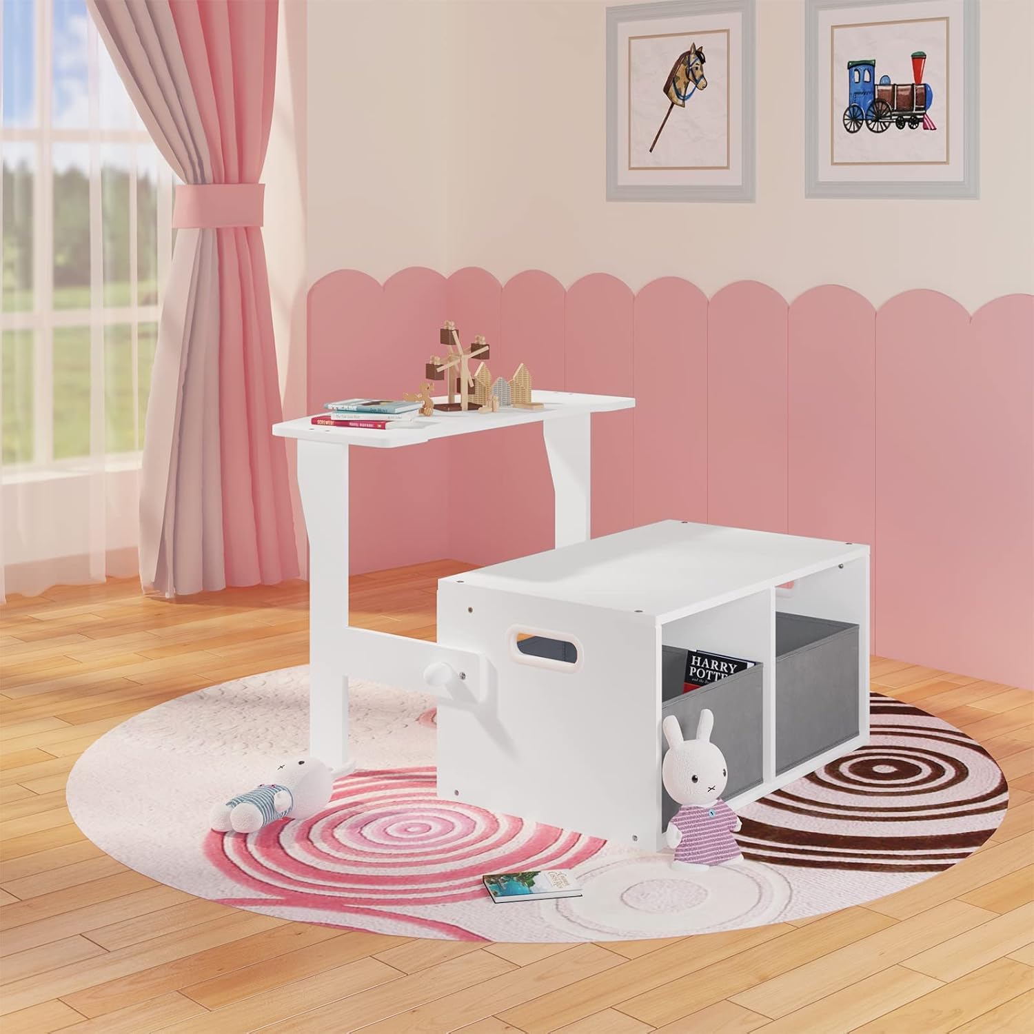 Lestarain Kindertisch mit Sitzbank, Weiß + Grau