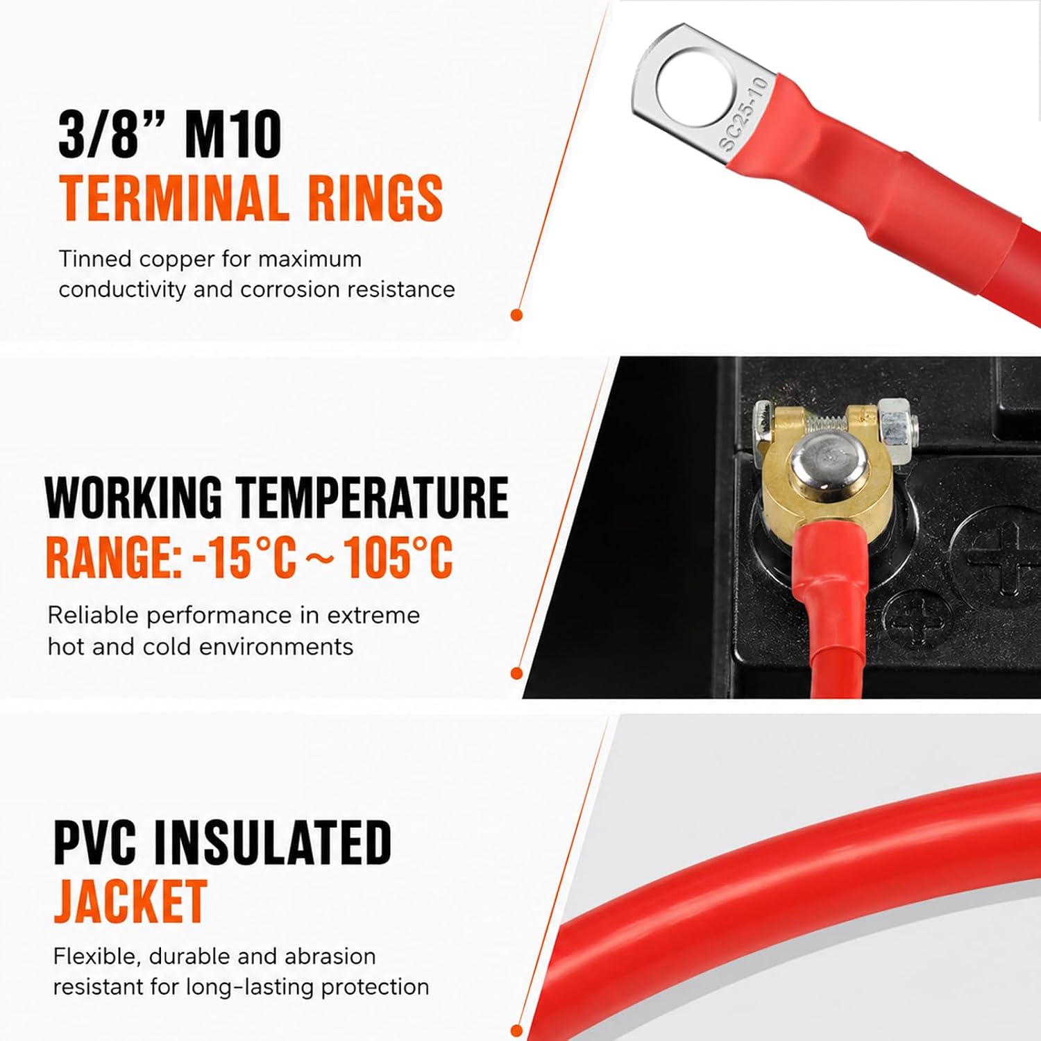 4 AWG 24 Inch Battery Cables with Battery Clamps and 3/8 Ring Terminals, 2FT 2PCS 4 Gauge Pure Copper Positive & Negative Top Post Inverter Battery Cable Wire, for Car RV Truck Marine Solar image 4