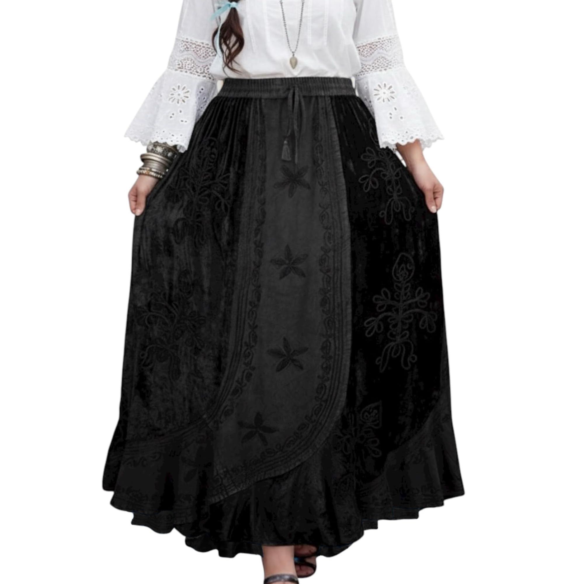 Agan Traders Women's 2025 Winter Rayon Velvet Vintage Boho Embroidered High Waist Maxi Skirt - Long Skirts for Women