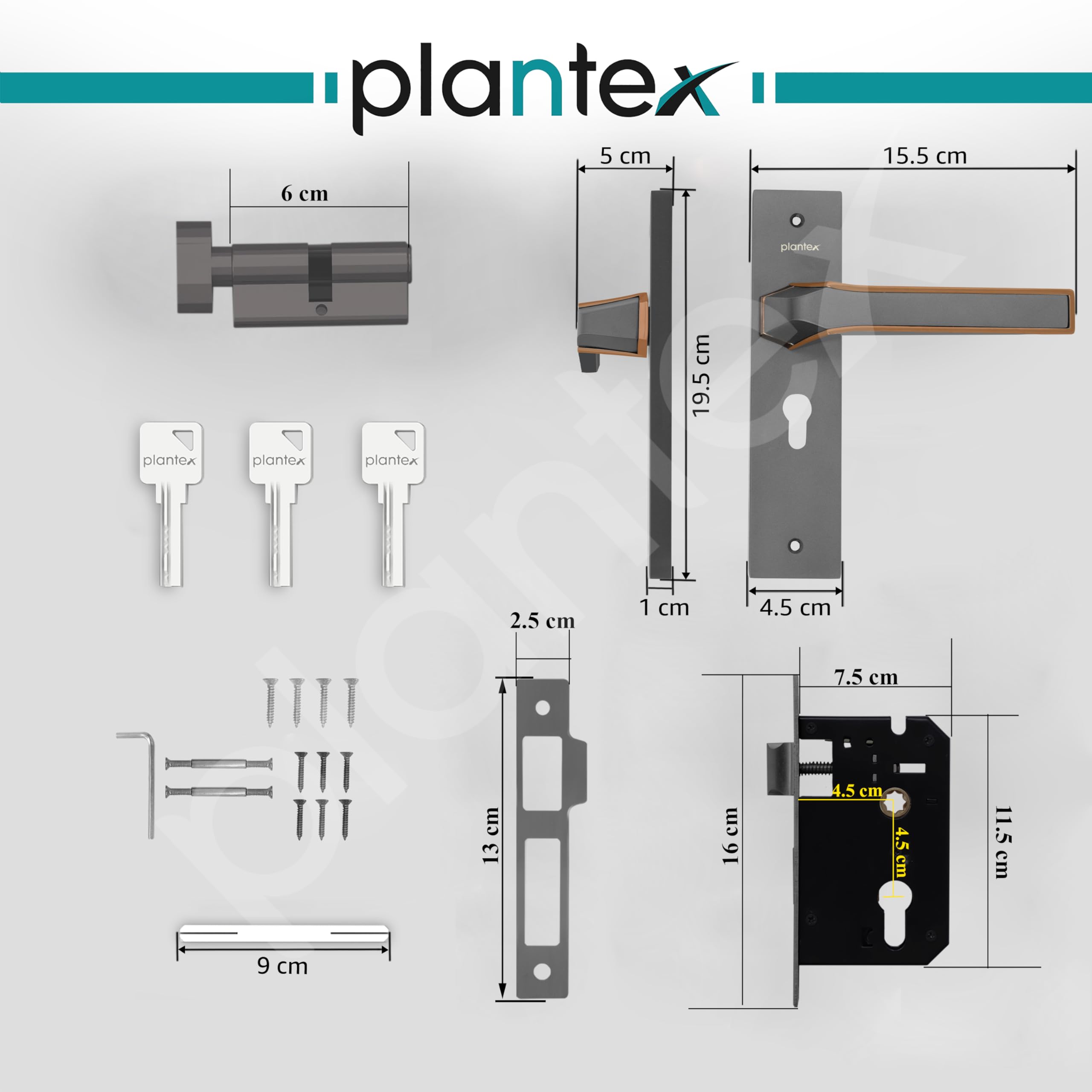 Plantex Heavy Duty Door Lock Set - Main Door Lock Handle Set/Mortise Locks with 3 Keys, Brass Body & Cylinder (8126 - Grey & PVD Choco) — Amazon image 3