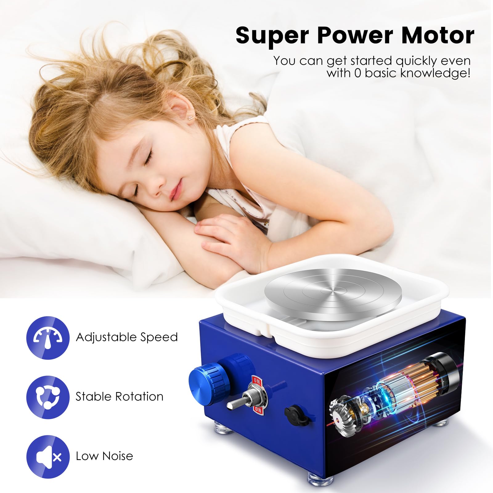 Torno Alfarero, Velocidad de 2000RPM Suave y Ajustable Torno Alfarero Hecho de Metal de Alta Calidad con Kit de Cerámica, Adecuado para Tiendas de Bricolaje de Cerámica y Aficionados (Azul Marino)