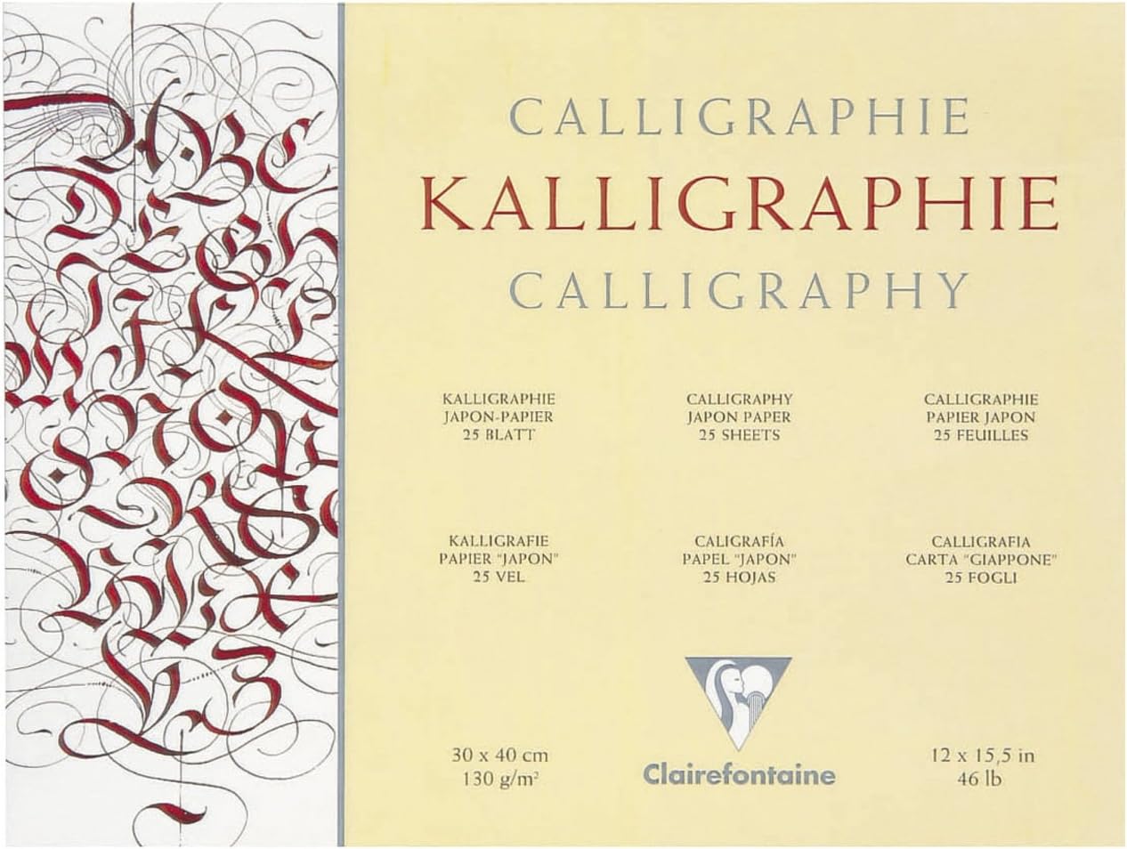 Clairefontaine - Ref 96439C - Calligraphy Pad (25 Sheets) - 24 x 30cm, 130gsm Simili Japon Paper, Cream Coloured, Glued Head - Suitable for Reed & Brush Calligraphy Pens