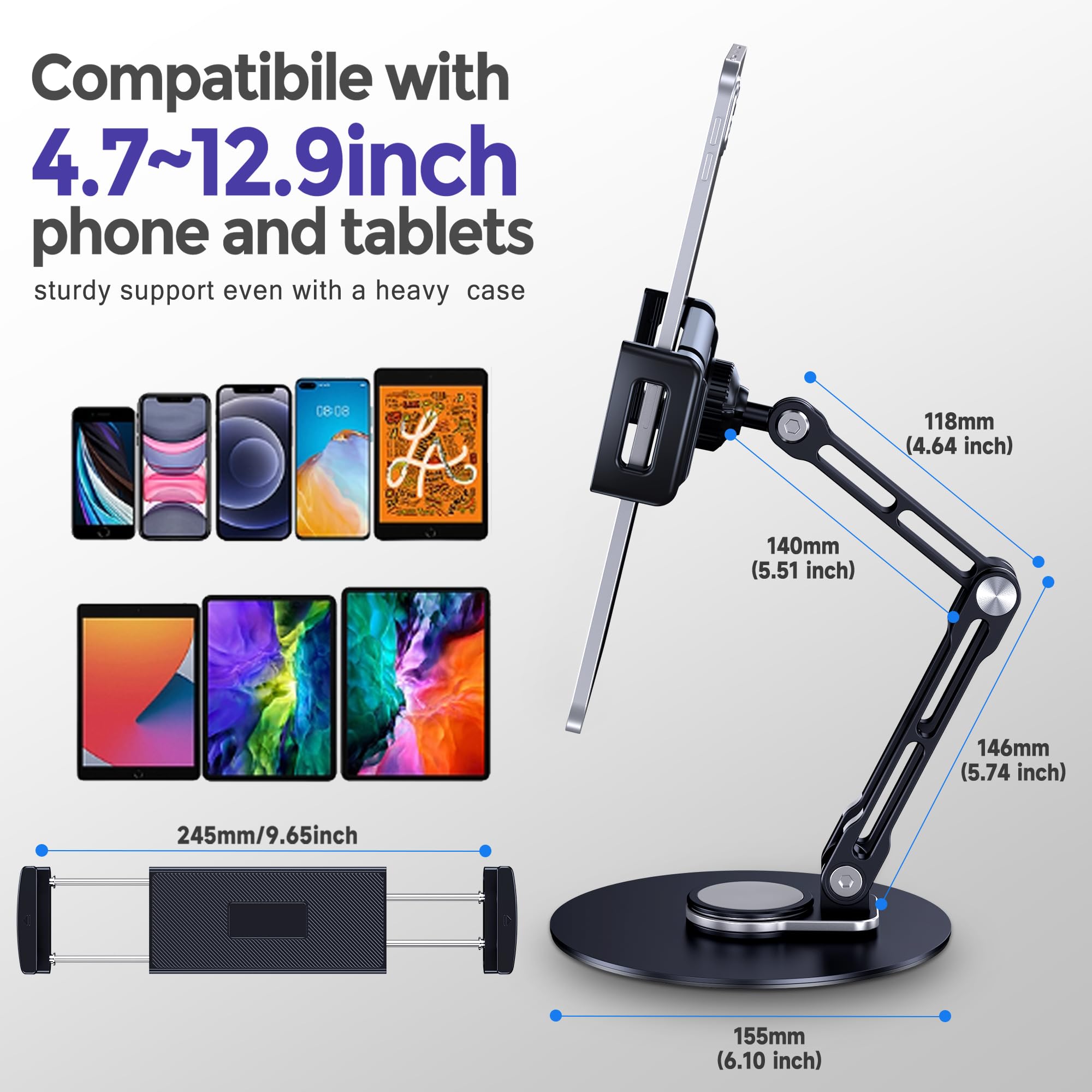 Support de Tablette, Support de Tablette Rotatif, Support Pliable pour iPad avec Bras de 11", Compatible avec iPad Air/Mini,10.2/9.7, Pro 11/13, Samsung Galaxy Tab et Plus, Noir | Avec base rotative à 360°, support réglable pour iPad Air, Mini, 10.2, 9.7,