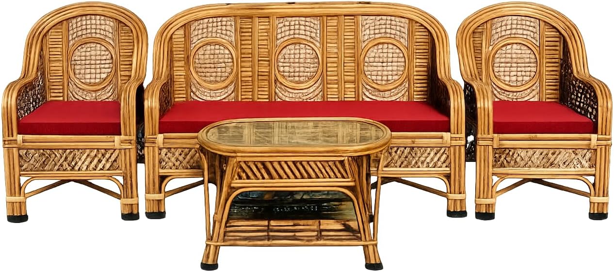 Bamboo Cane 3, 1 and 1 Sofa Set with Table (Brown, Standard Size) - 5 Seater