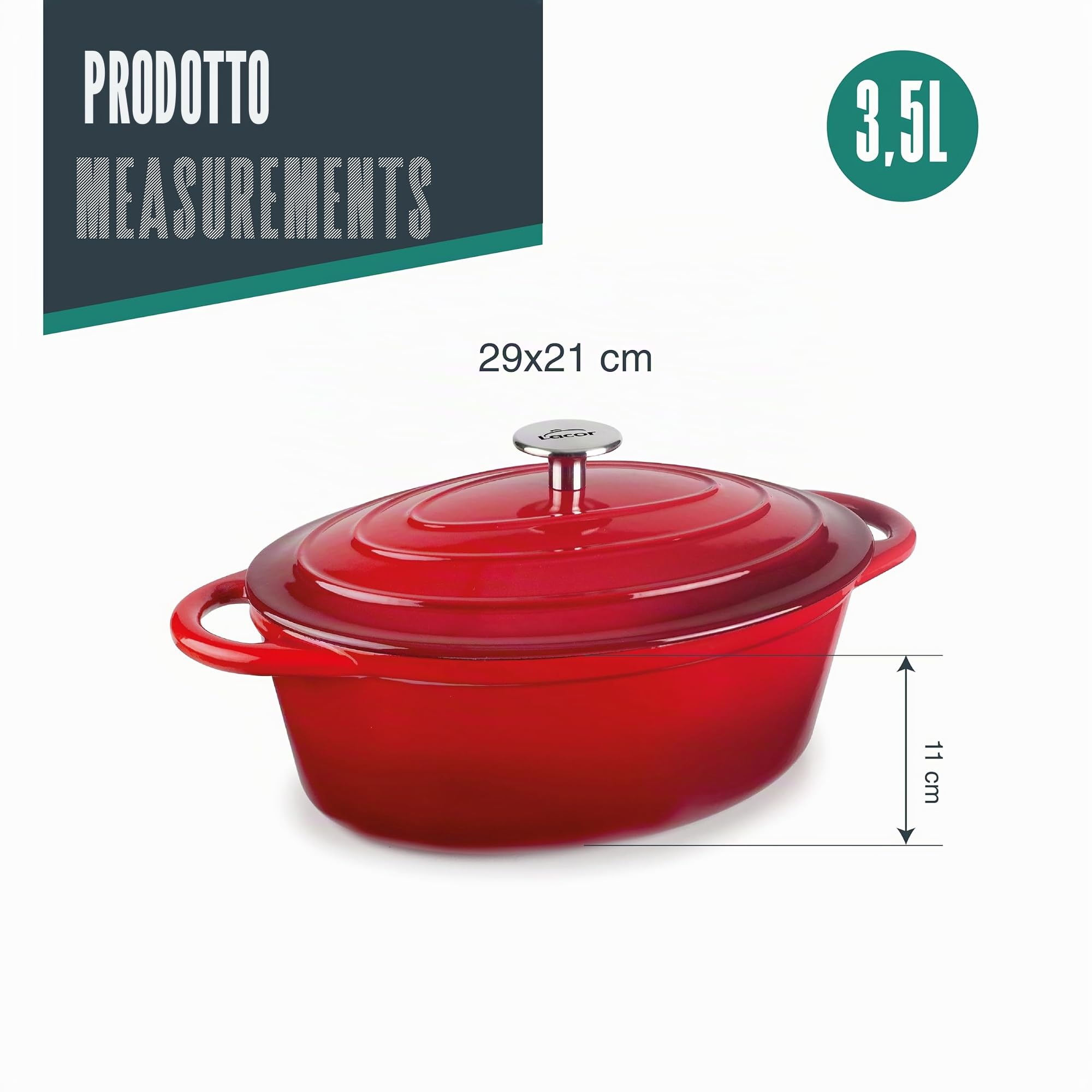 Lacor 71739 - Casserola in ghisa smaltata, 3,5 litri, 29 x 21 cm,... | Realizzato in acciaio inossidabile alimentare; alta resistenza alla corrosione e usura quotidiana in cucina