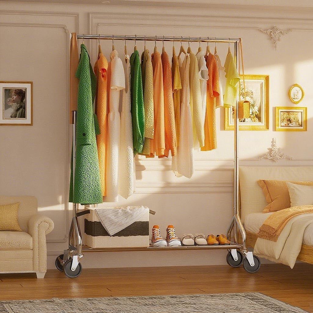 Heavy Duty Clothes Rack Load 450 LBS, Rolling Clothes Rack with Sturdy Wheels & Shelves, Standing Clothing Rack for Hanging Clothes, Portable Closet Wardrobe Rack for Bedroom Storage, Chrome