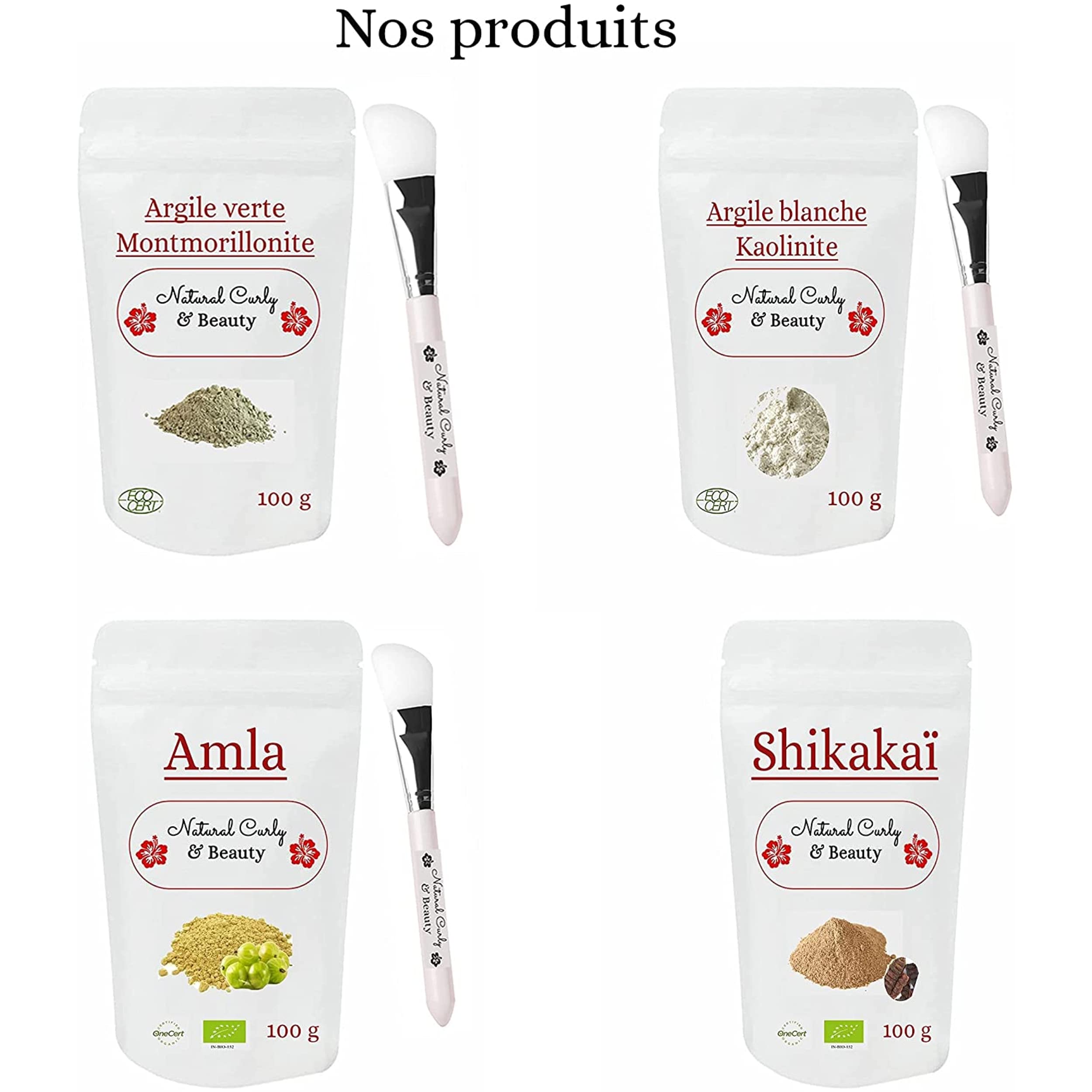 Argile blanche kaolin avec pinceau applicateur de masque en SILICONE -VISAGE, CORPS et CHEVEUX- Certifiée Eco-Cert -Reminéralise et favorise l'élimination des toxines