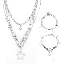 Mikovivi Y2k Star Necklace with 2 Bracelets, Silver Star Y2k Grunge Necklace Aesthetical Emo Vintage Jewelry Cute Necklace Y2k Grunge Accessories for Women Girls, M, Non-Precious, No Gemstone