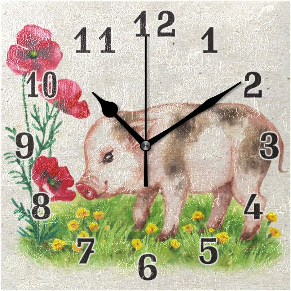 Wall Clock Cute Animal Pig Flower Poppy, Square Clock Silent No Ticking Quiet Clock for Bedroom Living Room Kitchen Office Home Decor