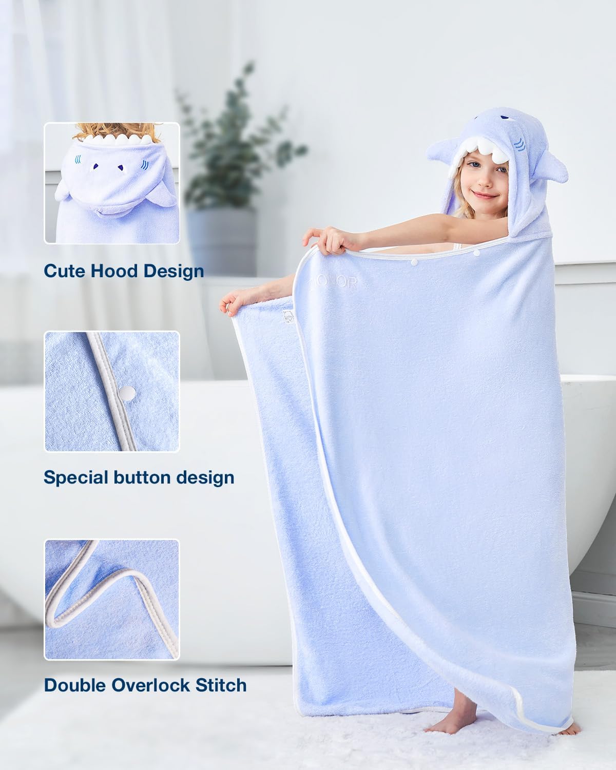 ZIONOR Hooded Bath Towel for Kids - 50''L x 35''W Extra-Large Hooded Towels for Big Kids 6-10, Kids Beach Towels Made from Bamboo Rayon, Suitable for Bath, Pool, Beach(Purple Shark)