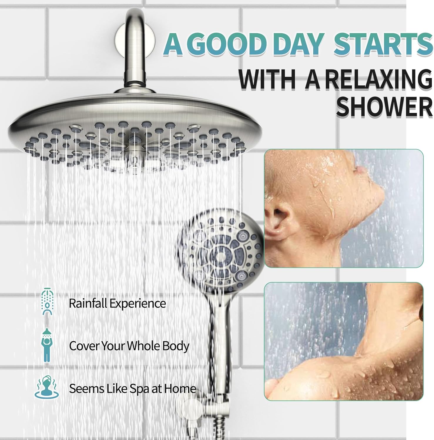 SR SUN RISE Shower Faucet - 10 Inch Multifunctional High Pressure Shower Head System with Handheld Shower Head Fixtures - Valve Included - Brushed Nickel - Image 6