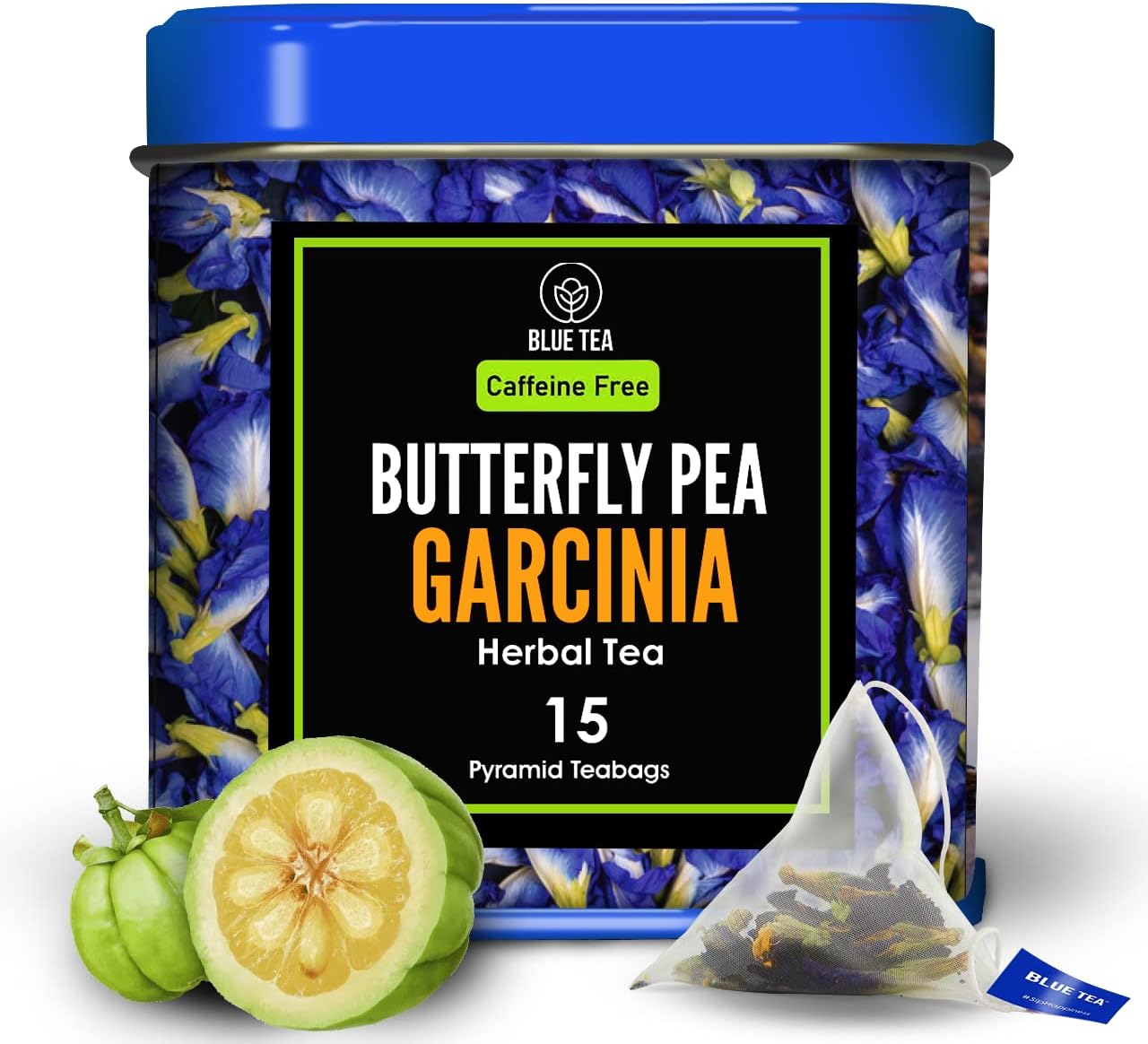 BLUE TEA - Butterfly Pea Flower Garcinia Herbal Tea - 15 Tea Bags | ANTI-OXIDANT RICH | Flower Based - Herbal Tea - Vegan - Caffeine Free - Natural Ingredients - Detox Tea - Non GMO | Tin Pack