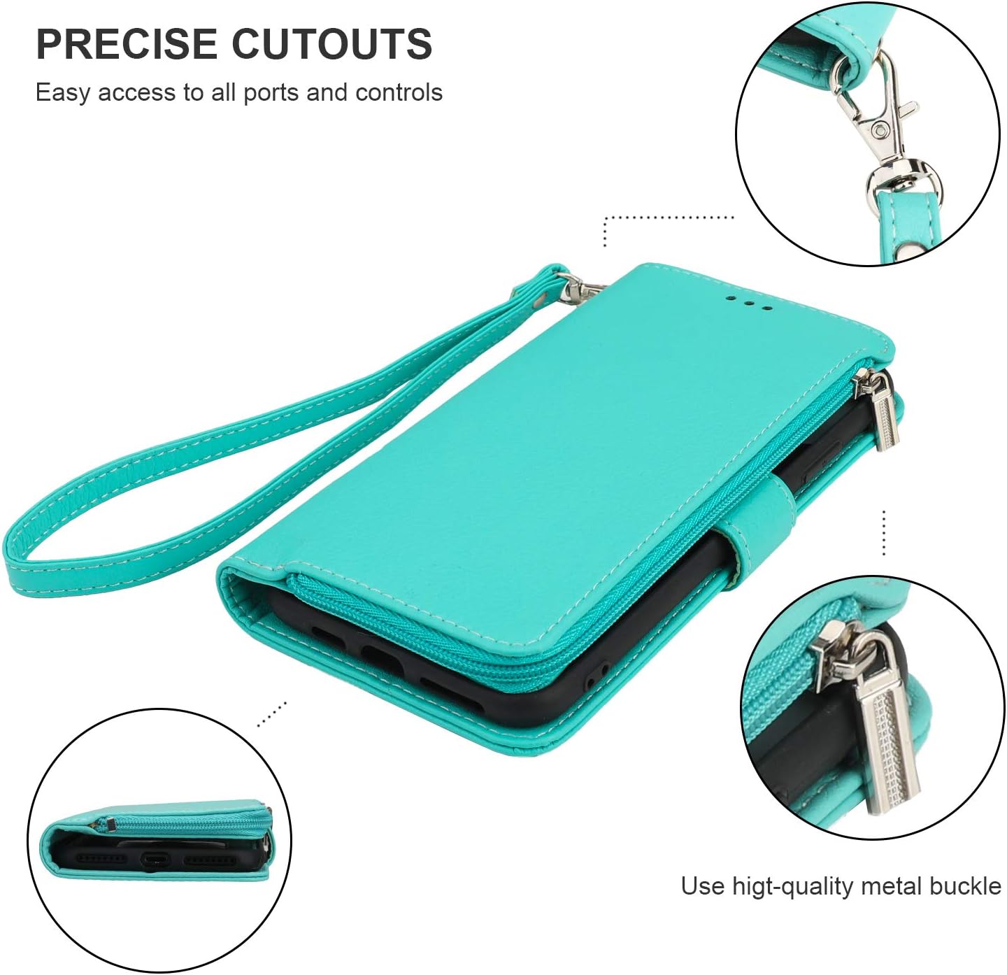 KIHUWEY for iPhone 8 Plus/7 Plus Wallet Case Premium Leather Zipper Pocket with Credit Card Holder and Wrist Strap,Kickstand and Protective Purse Cover for iPhone 7/8 Plus 5.5 Inch Mint Green