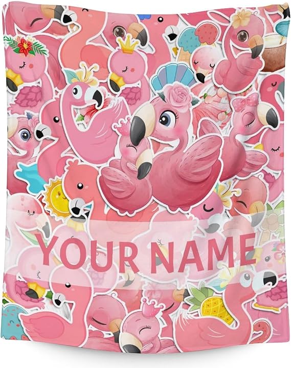Personalized Flamingo Blanket Gifts with Name - 50x60 Inches Cute Throw for Women & Girls - Pink Soft Fuzzy Blankets for Bed, Couch & Living Room