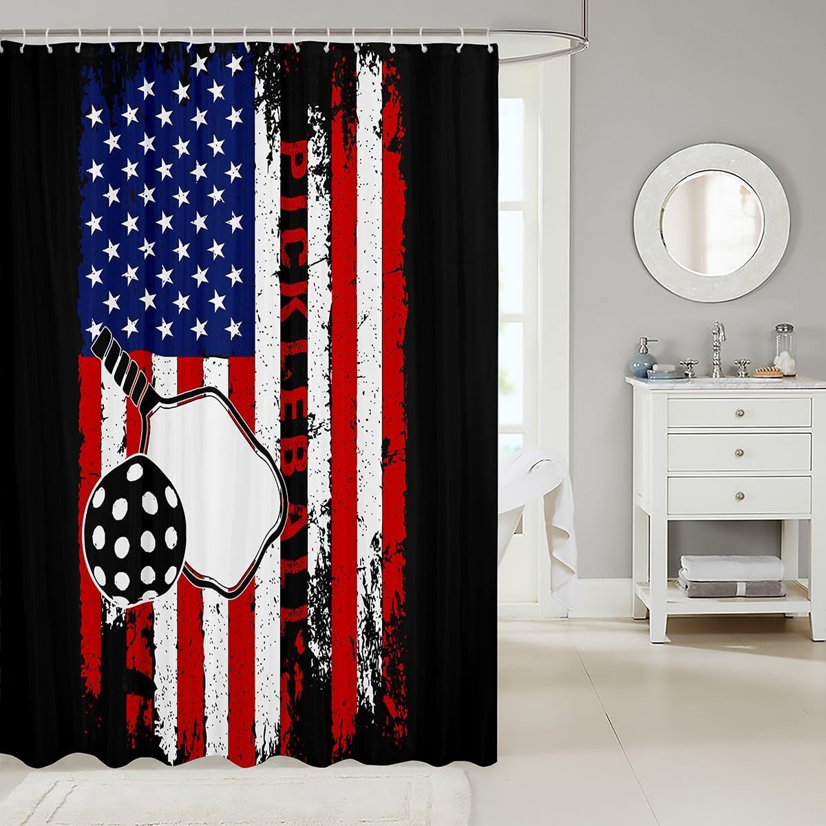 jejeloiu Pickleball Bath Curtain Boys Girls 72"x78" American Flag Shower Curtain for Kids Women Men Pick Racket Pattern Bathroom Shower Curtain Set Sports Game Kids Bathroom Accessories
