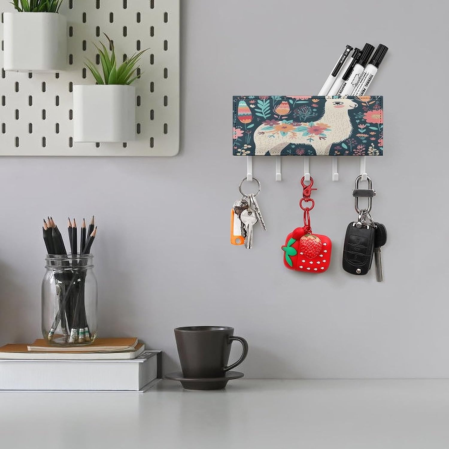 Key Holder Wall Mount Key Hanger with 5 Hooks, Decorative Key Rack | Cute Llama Floral Hanging Key Hooks with Mail Organizer for Wall Living Room Kitchen Bathroom Hallway