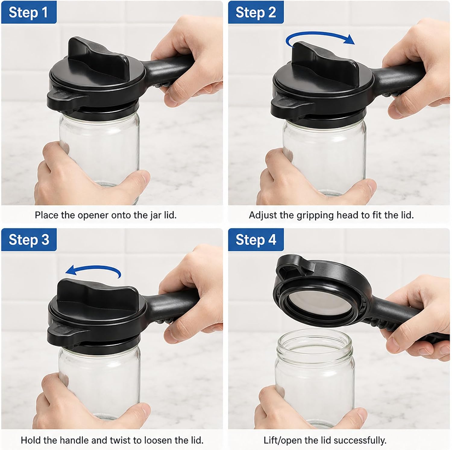 Jar Opener for Seniors, 4-in-1 Adjustable Lid Opener with Non-Slip Grip, Multi-Function Bottle & Can Opener for Weak Hands & Arthritis, Fits Kitchen Jars, Beer Caps & Soda Bottles, Kitchen Helper