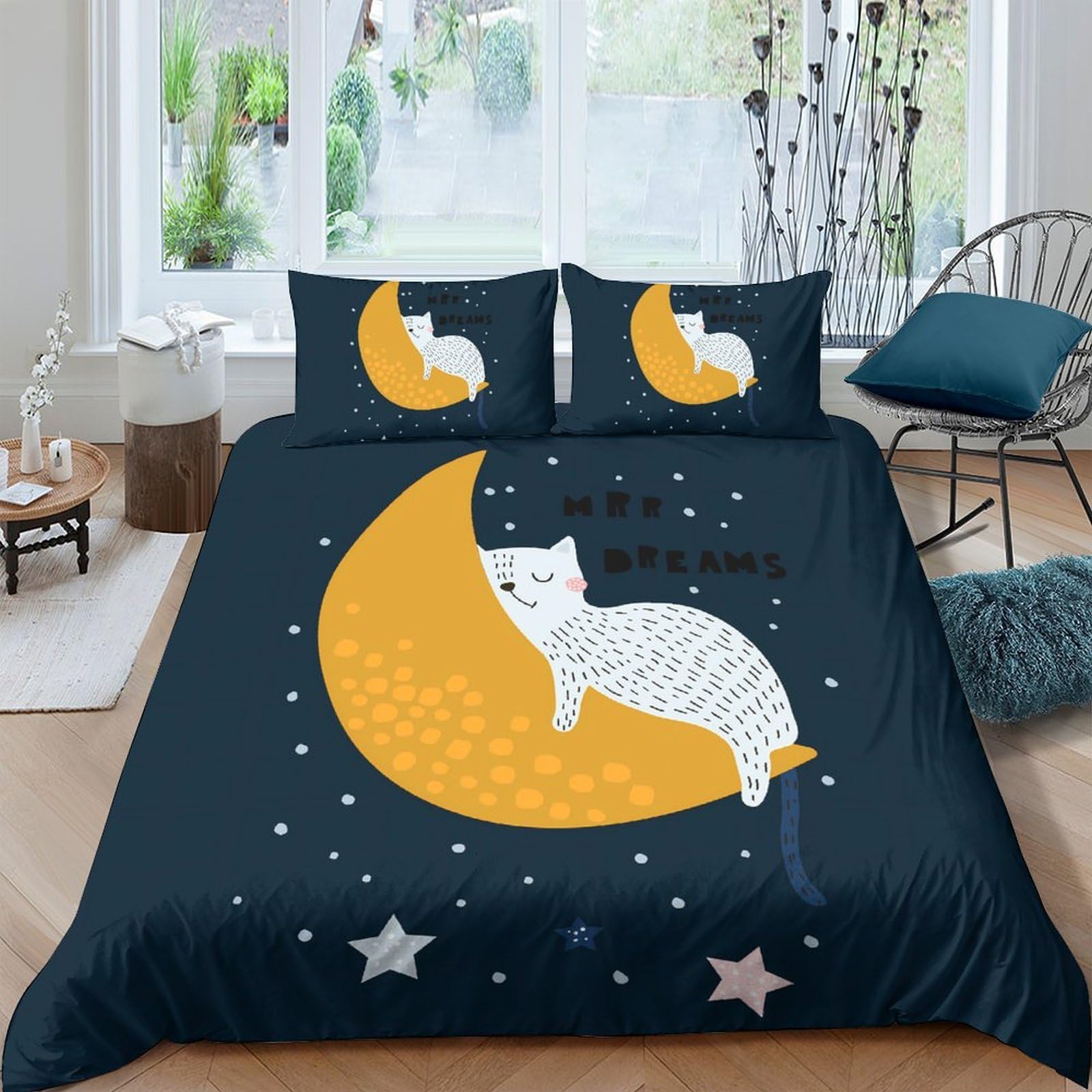 Ctjqhvkz Style-6 3D Printed Moon Cat Fitted Sheet Microfiber Soft Navy Bed Sheet Star Night Mattress Cover Bedroom Decor Single（135X200cm）