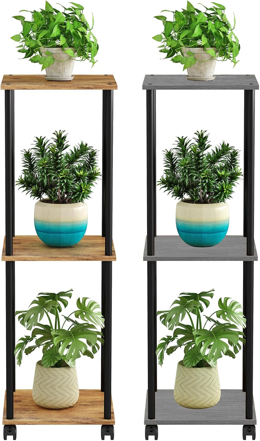 HAYOFAMY 3 Tier Tall Plant Stand Indoor with Wheels, Movable Plant Shelf Metal Wood Multiple, Flower Pot Holder for Living Room Office Balcony Patio, Oak Grey
