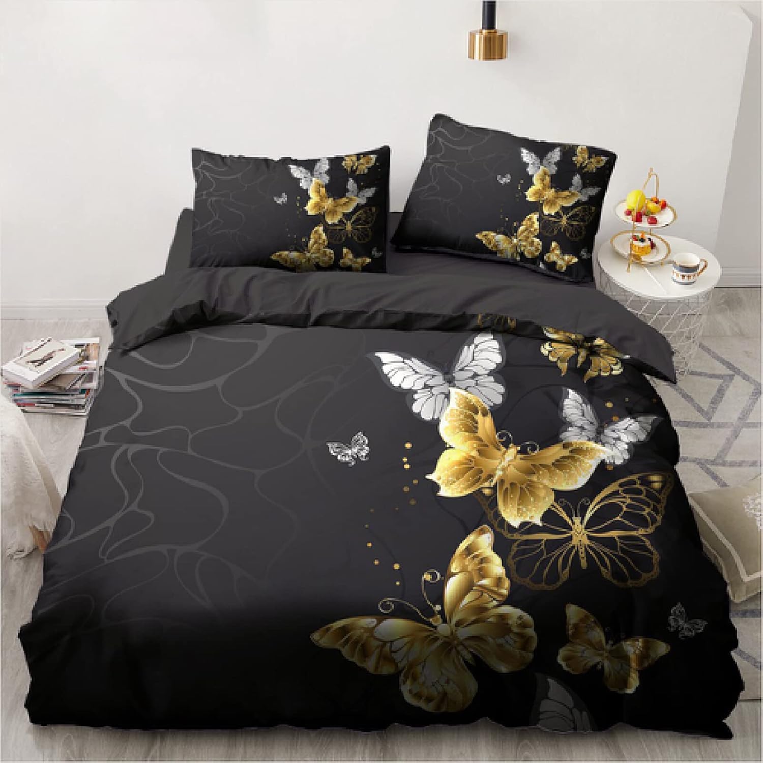 Butterfly Pattern Printing Comfortable Bed Spinning Bohemian Style Set Adult Quilt Cover Pillowcase Black 3-Piece Set Large Single and Double boy Girl Child Quilt Cover Home ()