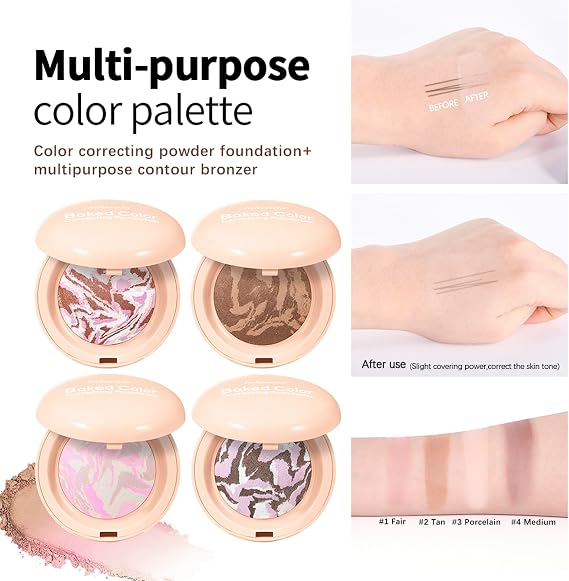 Baked Colour Correcting Powder Foundation – Lightweight Baked Foundation for Mature Skin, Neutralises Redness & Uneven Skin Tone, Natural Smooth Makeup (# 02 Tan)
