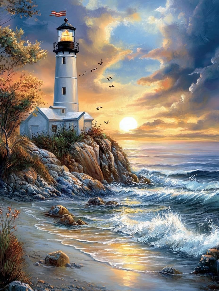 Beach Lighthouse Preprinted 11CT Cross Stitch Kits for Beginners & Adults 12x16 Inches - Easy Needlepoint Patterns for Home Decor & Craftings 2