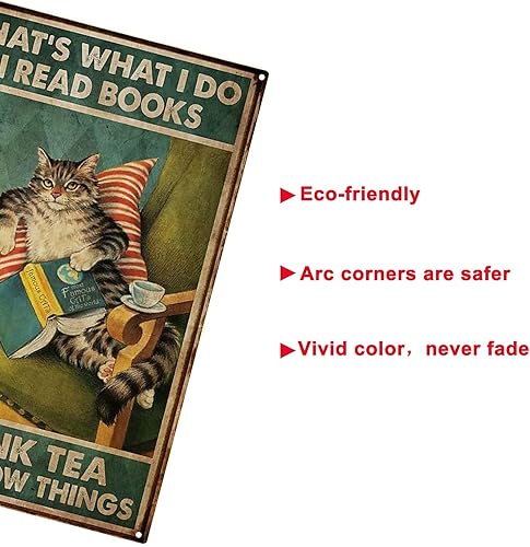 Miniatura 3 de Yepzoer Letrero de metal retro estilo gato gatito, decoración de pared con texto en inglés "I Read A Book And Drink Te", decoración de pared de