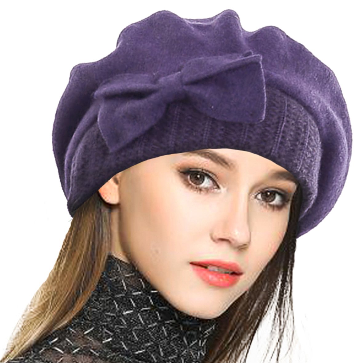 Vecry Girls Purple Lady French Beret 100% Wool Beret Dress Beanie Winter Hat (Purple)