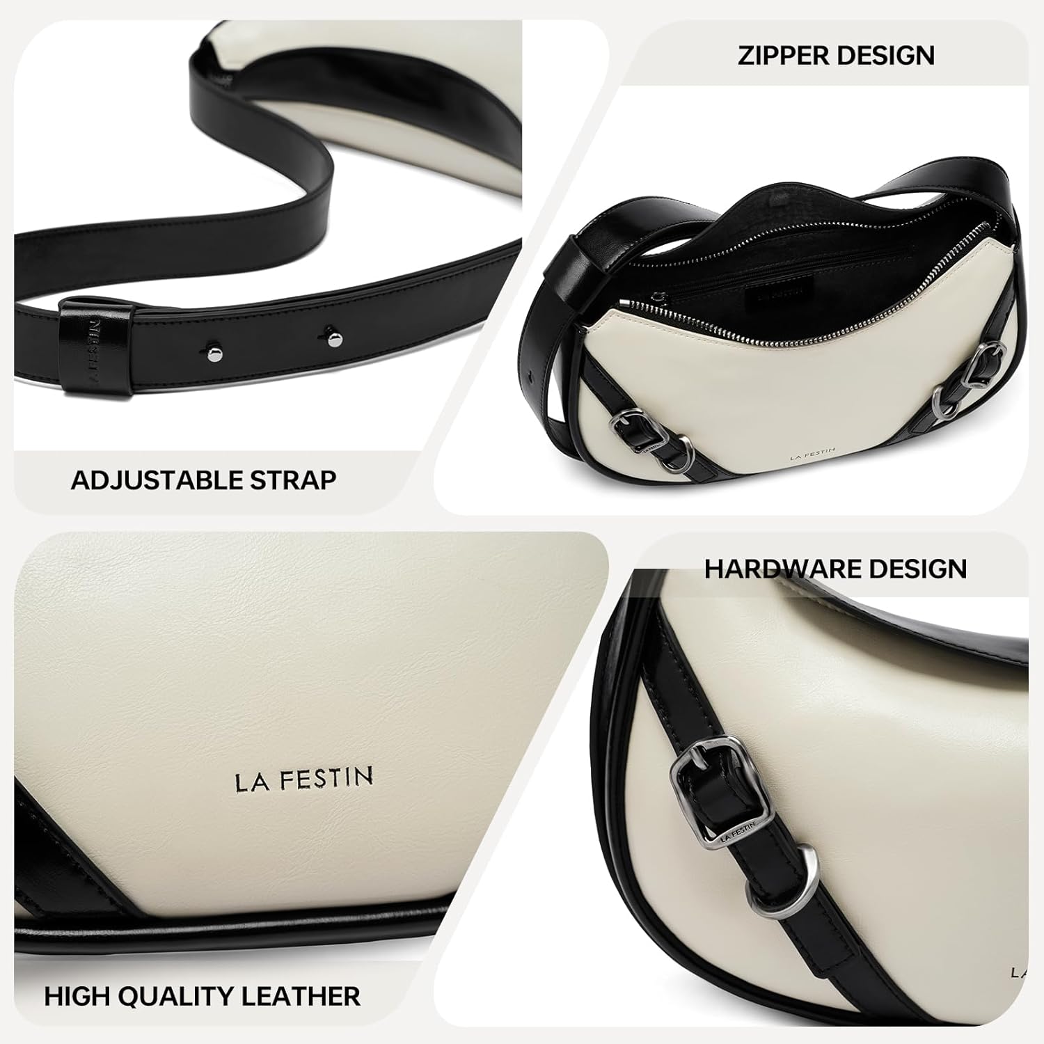 LAFESTIN Women's Leather Crossbody Bag - Adjustable Strap Purse with Zipper, Trendy Crescent Bag for Daily Use - Image 3