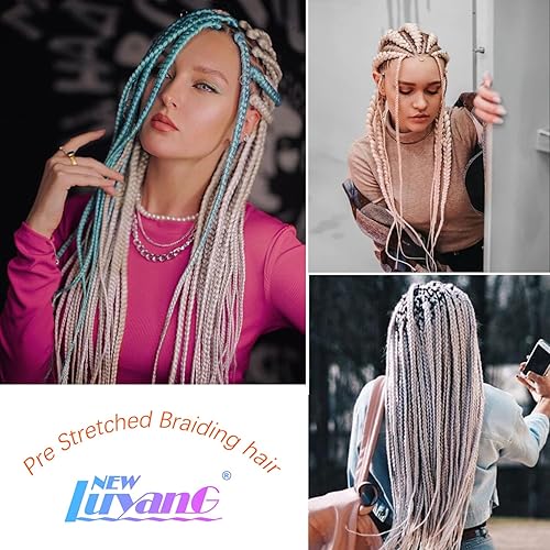 Miniatura 6 de Cabello trenzado azul preestirado de 26 pulgadas, paquete de 3 extensiones de cabello trenzado colorido, ajuste de agua caliente, fibra sintética
