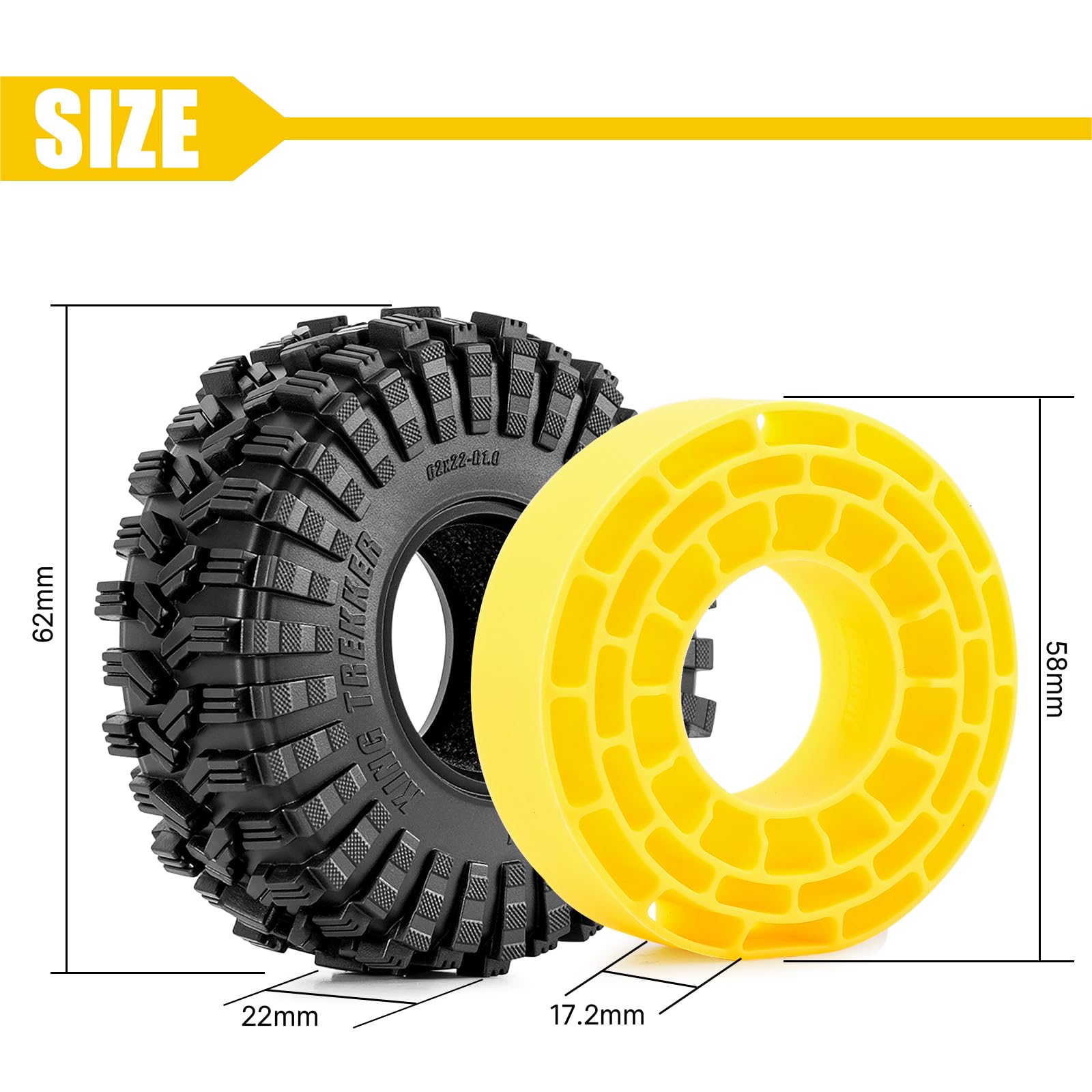 INJORA Set Combinato di Inserti in Gomma Siliconica 1.0 e Pneumatici King Trekker da 1,0" 62 * 22 mm (4) per l'Aggiornamento dei Crawler RC 1/18 TRX4M e 1/24 SCX24