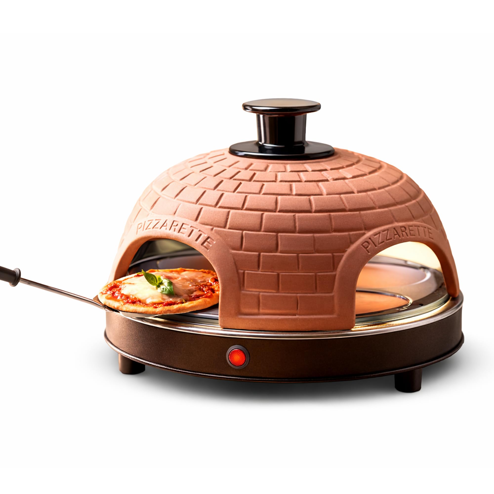 Emerio Pizzaoven, Pizzavaret, PO-116124.1, handgemaakte terracotta kleikap, gepatenteerd design, voor mini-pizza, echt familieplezier voor 8 personen, Terracotta, zwart