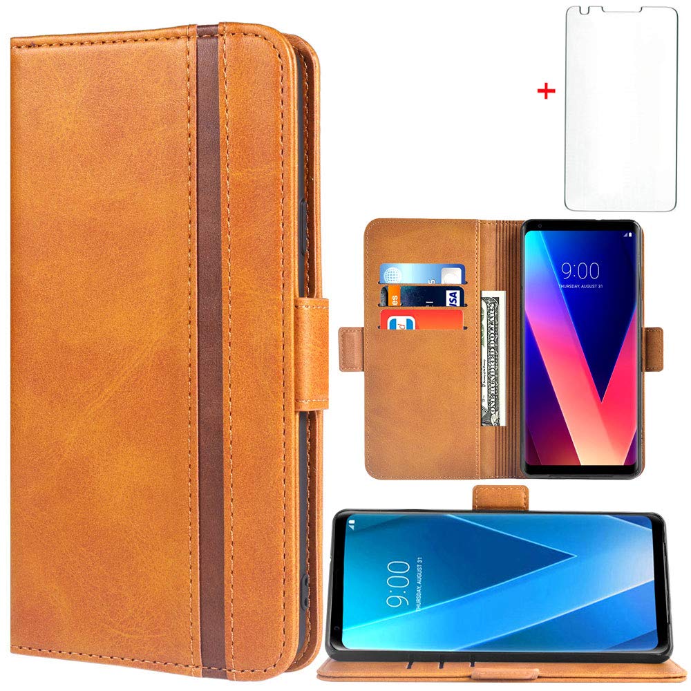 Phone Case for LG V30 ThinQ V35 Plus Leather Wallet Cases with Tempered Screen Protector Accessories Card Holder Full Body Flip Folio Cover LGV30 LGV35 LG30 LG35 V 30 35 V30+ V30s H931 Women Men Brown