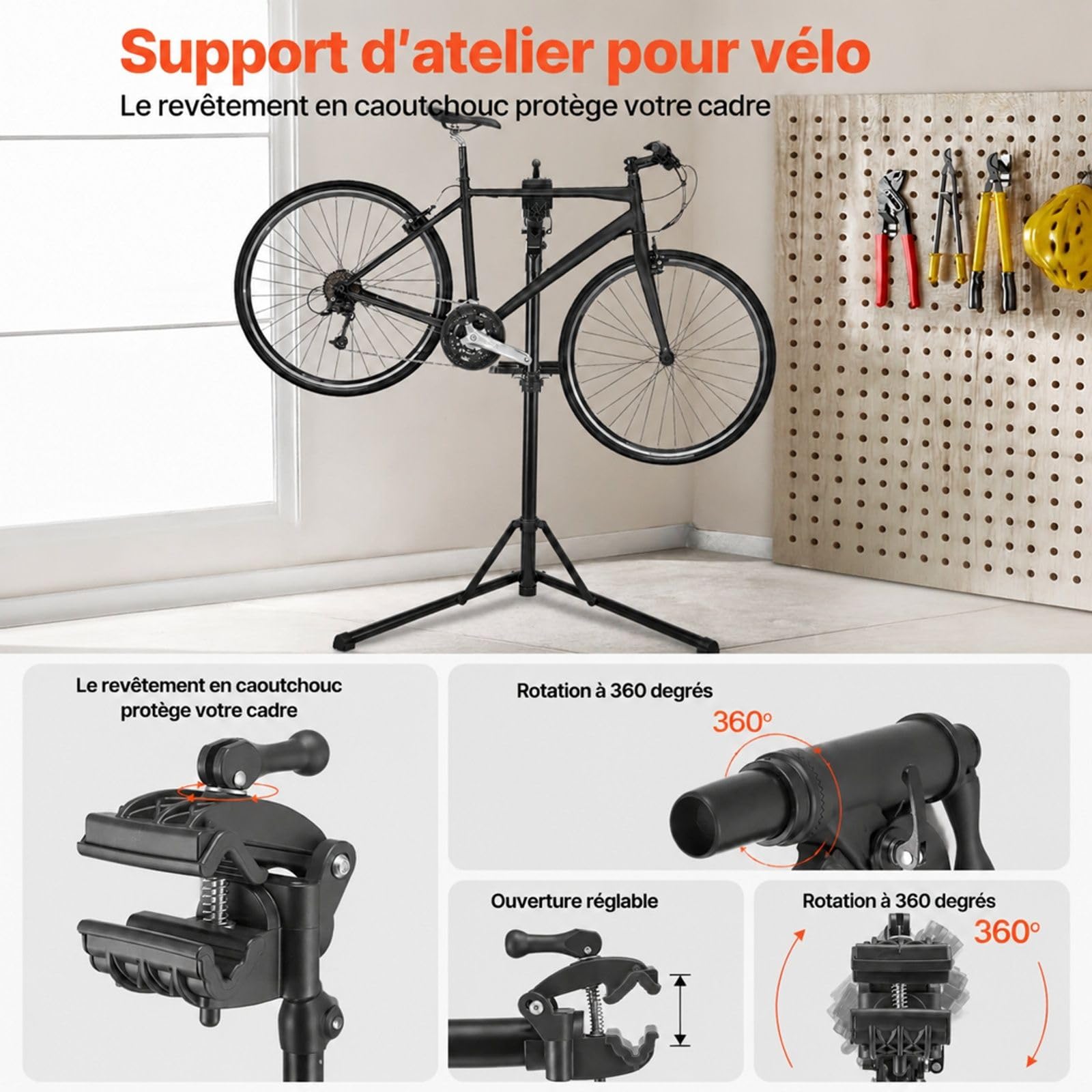 Pied d'atelier pour vélo avec plateau à outils et pince de maintien pour réparation à domicile ou atelier