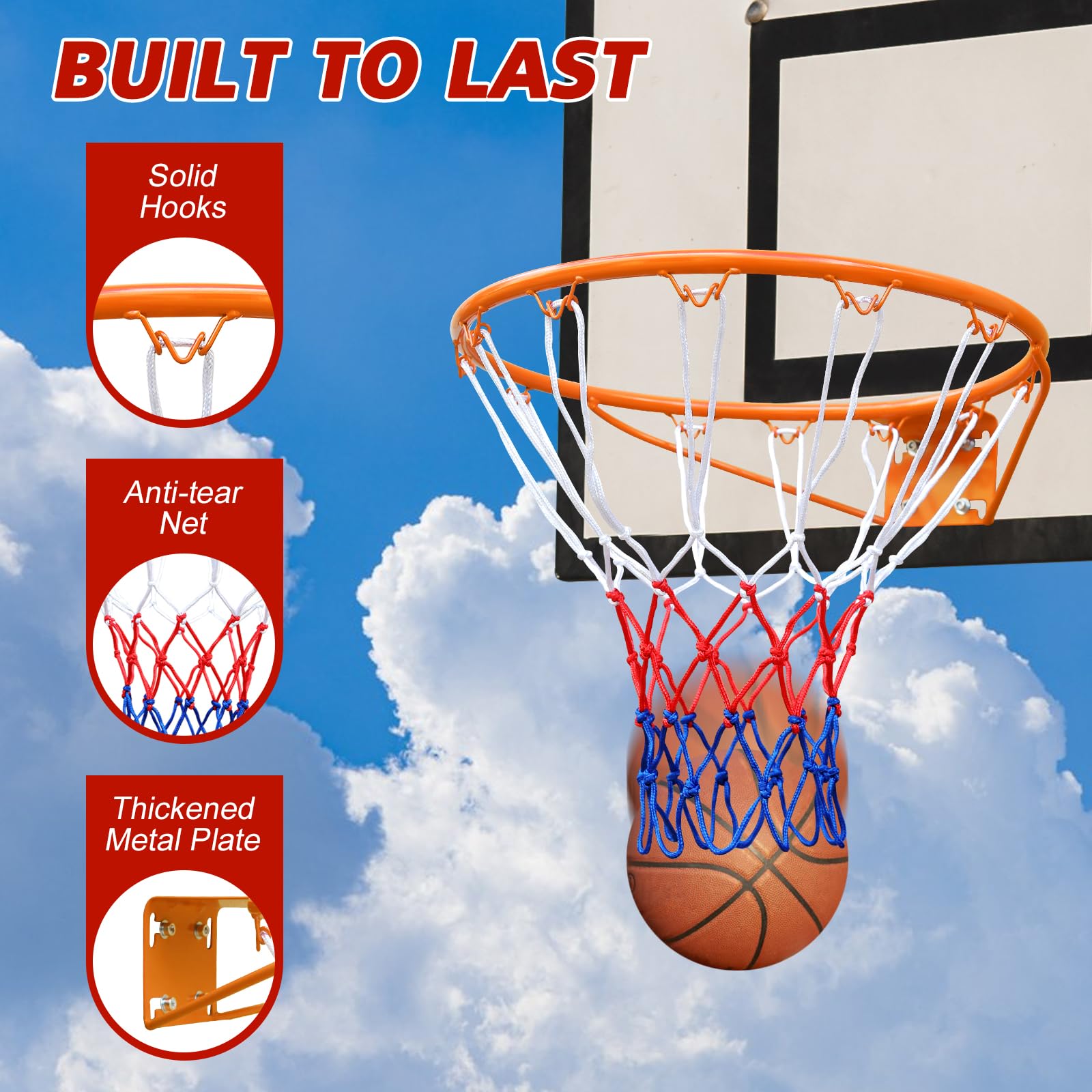 Anneau de panier de basket, filet de basket-ball et fixations murales, taille standard de 45 cm de diamètre pour un montage intérieur et extérieur