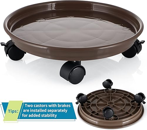 Miniatura 4 de Skelang Carrito para plantas de 11.8 pulgadas, palet para plantas con ruedas de freno, platillo para macetas móviles para plantas en interiores o