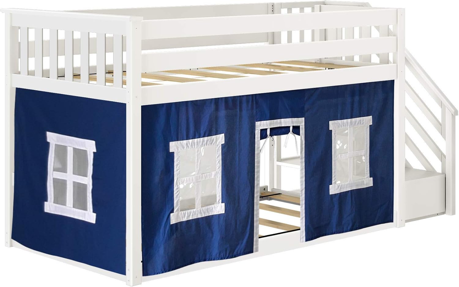 Max & Lily Low Bunk Bed, Twin-Over-Twin Bed Frame For Kids With Stairs and Curtains For Bottom, White/Blue