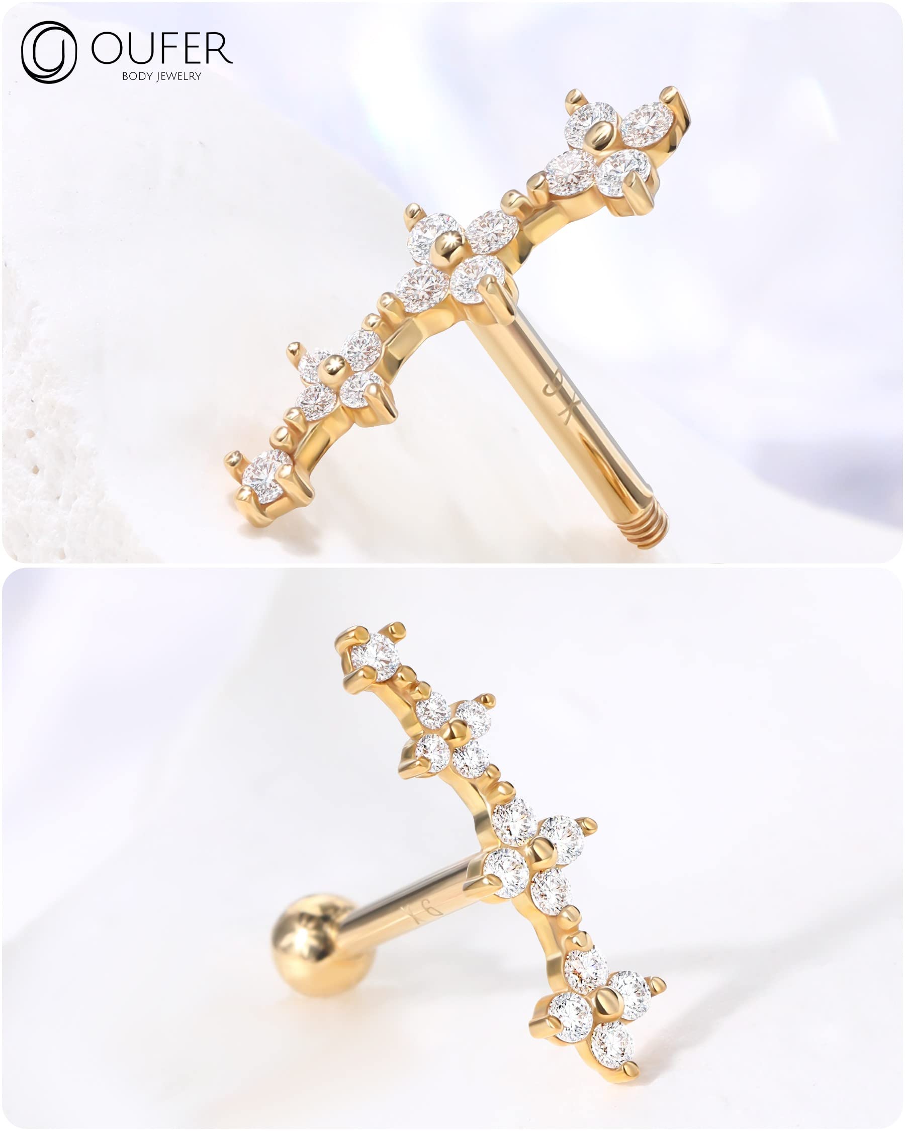 OUFER Orecchini per cartilagine in oro 9 carati, 16 G, AAA+ e zirconia cubica, piercing per elica anteriore, anello a conchiglia, anello superiore per trago, gioielli per donne e ragazze