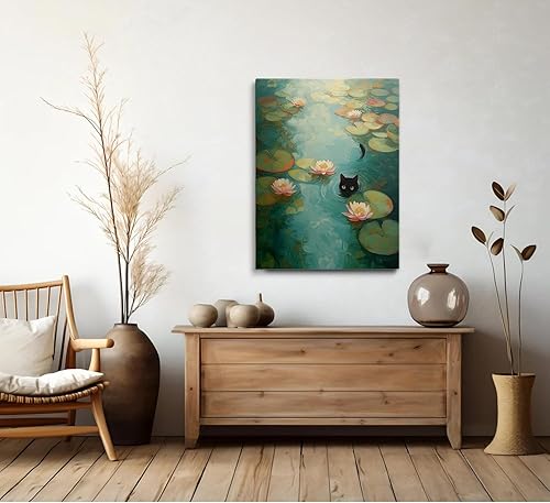Miniatura 2 de WGQNJDSD Monet Stye - Lienzo botánico de gato negro vintage en lirios de agua, arte de pared retro verde azulado naturaleza loto estanque animal