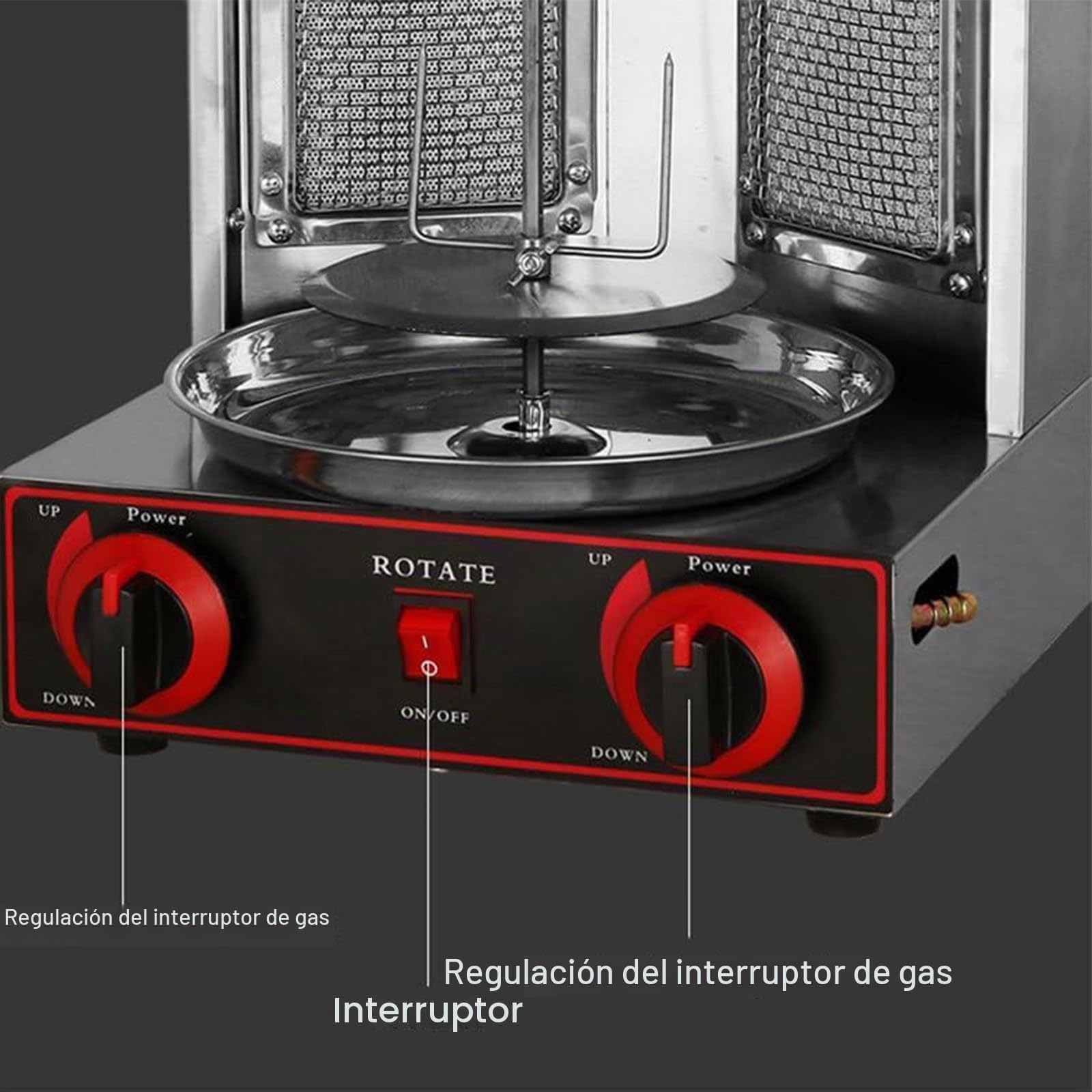 Máquina Kebab Doner Parrilla Comercial, Máquina Parrilla Gas Vertical, Limpieza Extraíble Acero Inoxidable, Potencia Fuego Ajustable, para Pavo Asado, Taco Asado Y Pollo Frito,Silver