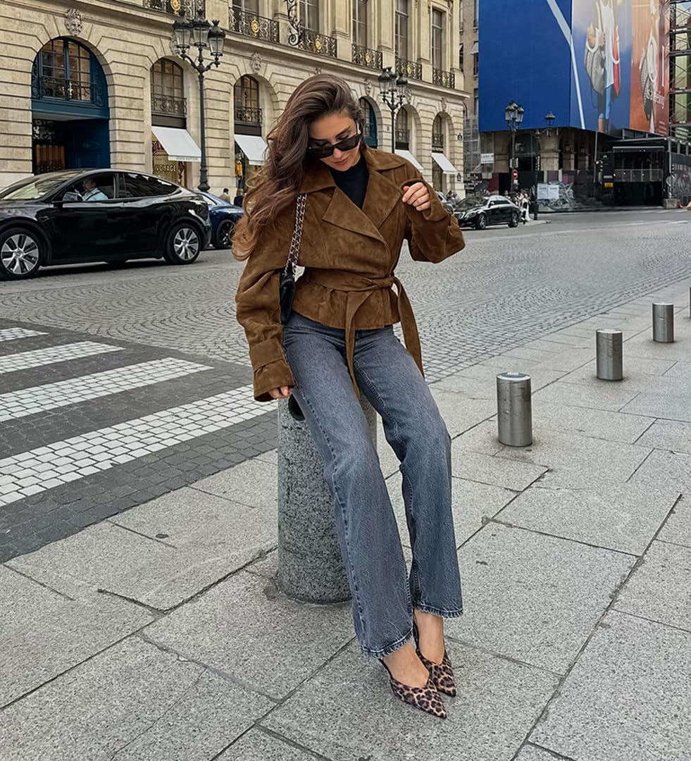 THLAI Womens Faux Suede Retro Jacket Long Sleeve Collar Moto Y2k Coat Outwear - Image 5