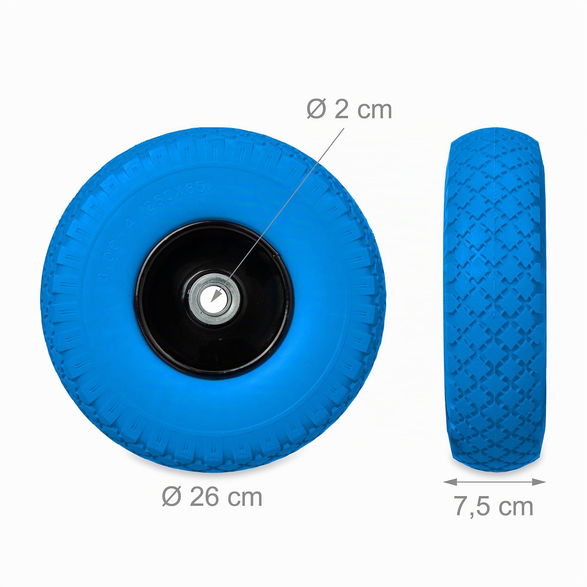 Relaxdays Ruota per Carrello 3.00-4, Set da 2, Gomma Piena, Cerchione in Acciaio, Antiforatura Fino a 100 kg, Nero Blu