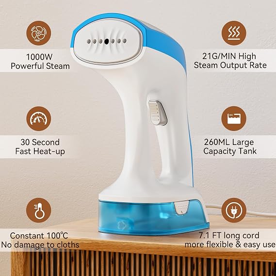 TC-JUNESUN Portable Handheld Garment and Fabric Steamer 1000 Watts, PortableSteamer for Clothes,Quick Heat Aluminum alloy plate Steam Nozzle, 30s Fast Heat-up, 260ml Big Water Tank
