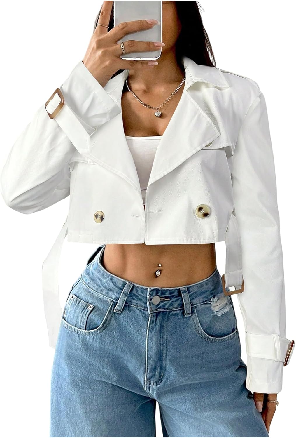 GORGLITTER Women's Cropped Short Trench Coat Jacket Fall Trendy Long Sleeve Double Breasted Casual Fall Work Outerwear 2025