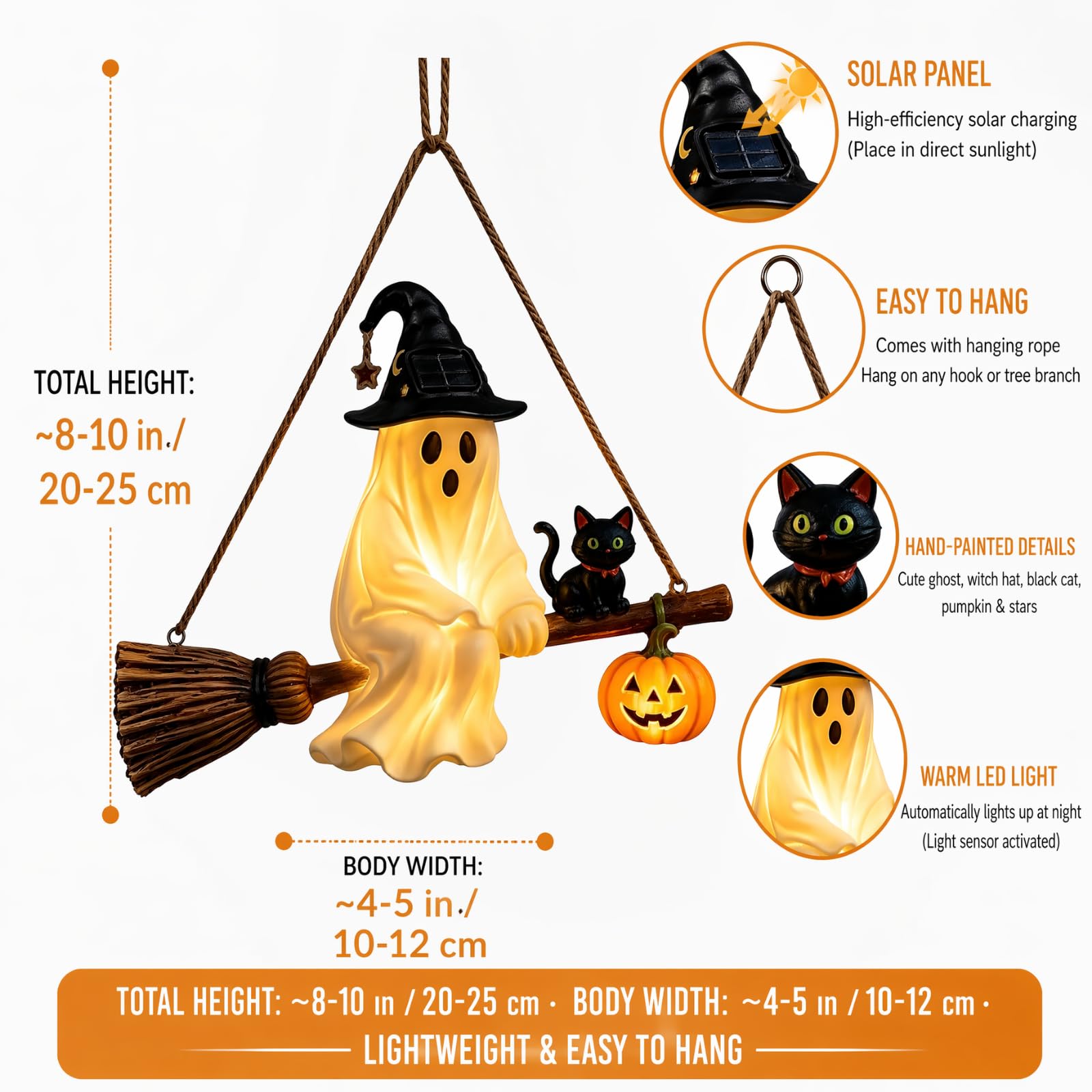 Fantasma Solare da Appendere, Decorazioni di Halloween con Fantasmi Volanti Illuminati | con Scopa da Strega, Gatto Nero e Luna di Zucca, Decorazione Solare da Esterno per Giardino
