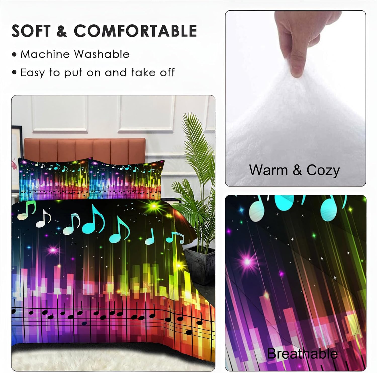 Sheet Music Graffiti Comforter Set Full Size, Neon Musical Notes Bedding Set for Teens Adults Room, Purple Soft 80" x 90" Quilt with 2 Pillow Cases, Lightweight Purple Quilt for All Season