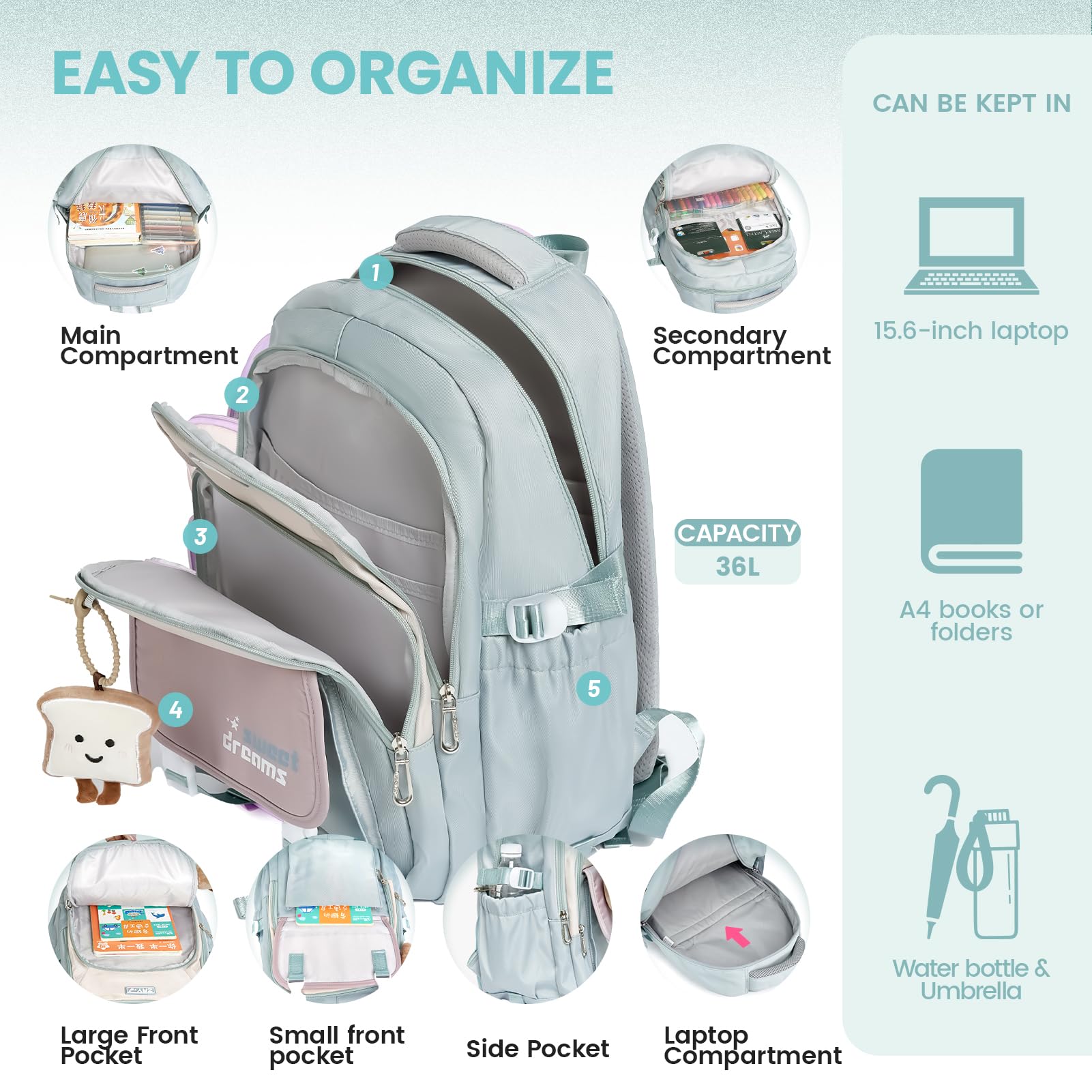 Amythe Zaino Trolley 2 in 1 per Ragazza Elementare Media, 6 Ruote, Verde | Zaino con Ruote per Ragazza, Zainetto Casual Adolescenti con Pettorina, con Ciondolo, Viaggio e Ritorno a Scuola
