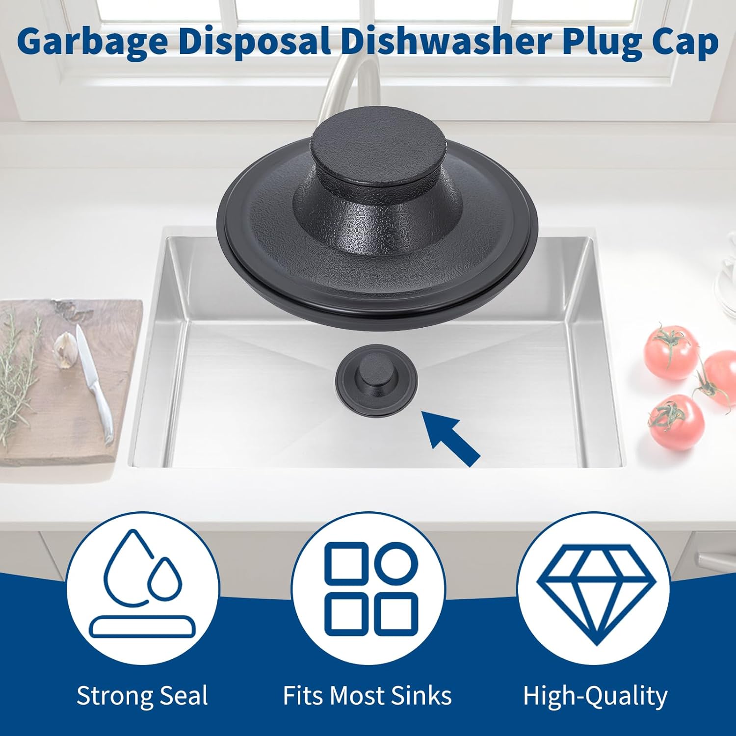 2 Pack Kitchen Sink Stopper, Garbage Disposal Dishwasher Plug Cap, Durable Plastic Drain Stopper, Snug Fit Without Water Leakage, Easy to Clean, Compatible with Standard Kitchen Drains, Black