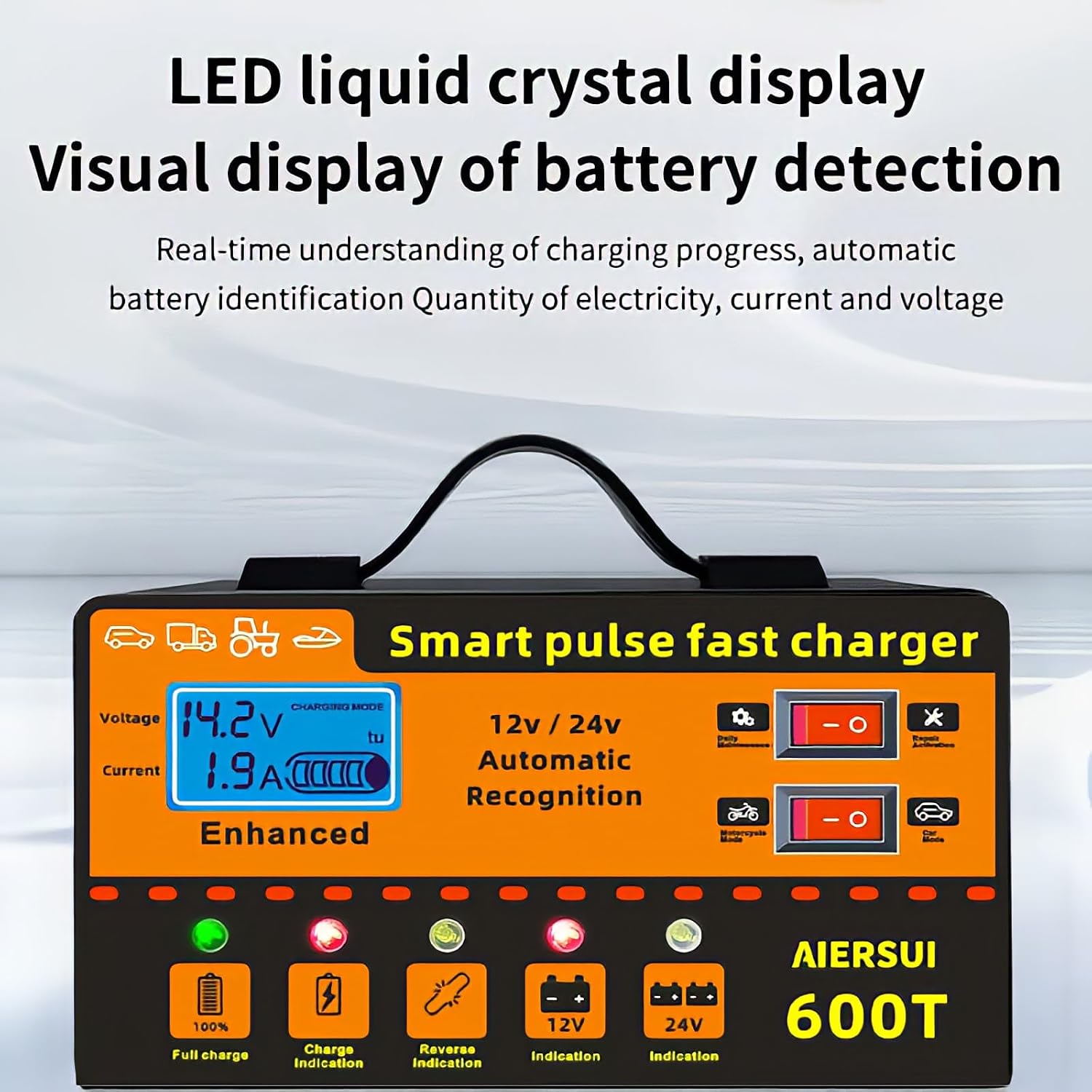 12V/24V Smart Battery Charger, 6AH~200AH Lithium ion Battery Charger, Automatic Battery Maintenance、Pulse Repair & Trickle Charger, Suitable for Motorcycles, Boats, Cars, Lawnmowers, etc.