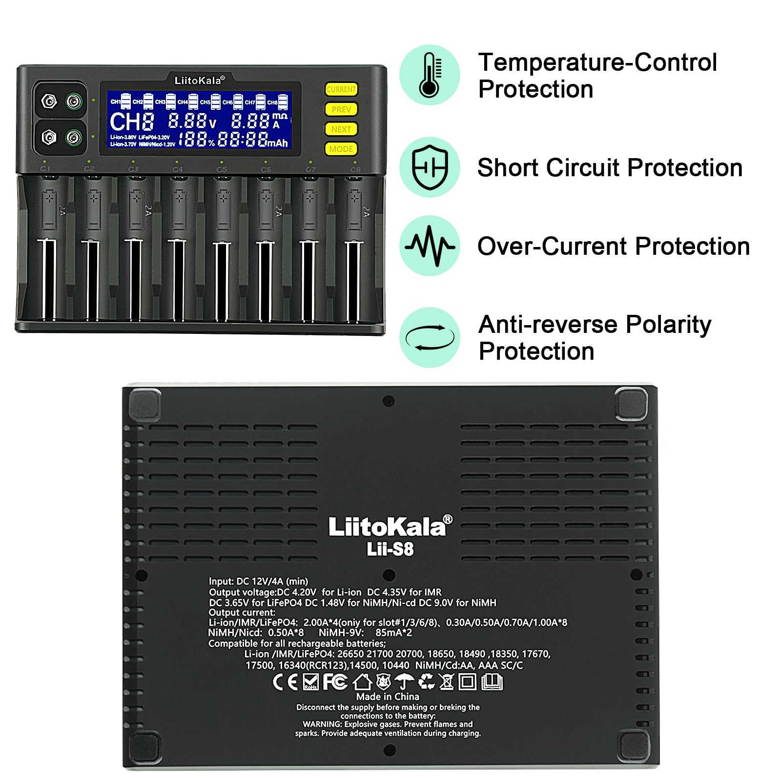 Ładowarka baterii 18650 Glaxcidy LiitoKala Lii-S8 inteligentna ładowarka z wyświetlaczem LCD do baterii 26650 21700 17500 14500 Li-ion (4,2 V)/IMR (4,35 V)/LiFePO4, AA AAA Ni-MH/CD, adapter 12 V DC, 8